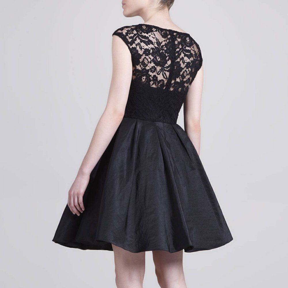 Marchesa Notte Lace Illusion Fit & Flare Taffeta Retro Cocktail Mini Dress Black - Picture 2 of 15